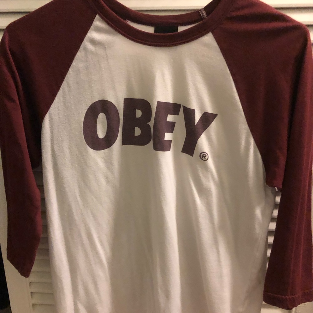 OBEY maroon and white baseball tee
